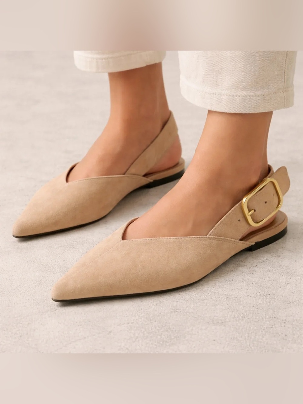 Zara Suede Pointed Toe Slingback Flats in Beige with Gold Buckle Size 38/7